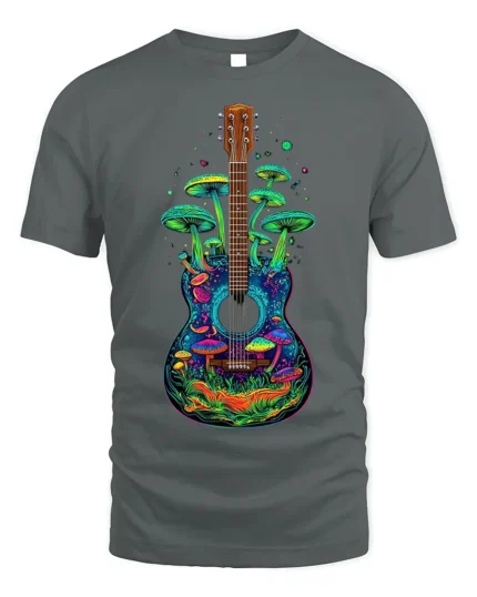 Psychedelic Guitar and Mushroom Art Graphic T-Shirt - gray t-shirt on white background