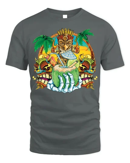 Tiki Skull Tropical Coconut Drink Graphic T-Shirt - gray t-shirt on white background