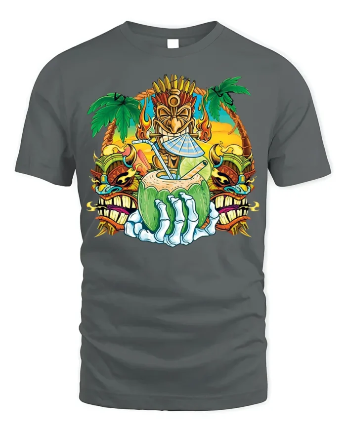 Tiki Skull Tropical Coconut Drink Graphic T-Shirt - gray t-shirt on white background