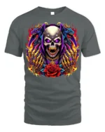 Skull With Dragons and Red Rose Fire Art T-Shirt - gray t-shirt on white background