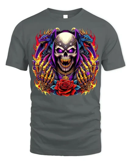 Skull With Dragons and Red Rose Fire Art T-Shirt - gray t-shirt on white background