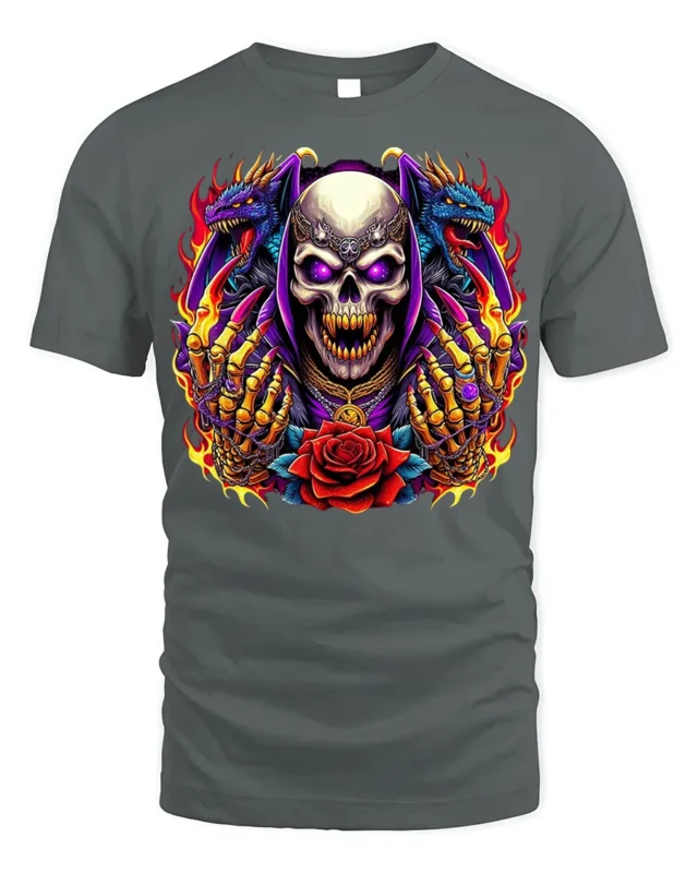 Skull With Dragons and Red Rose Fire Art T-Shirt - gray t-shirt on white background