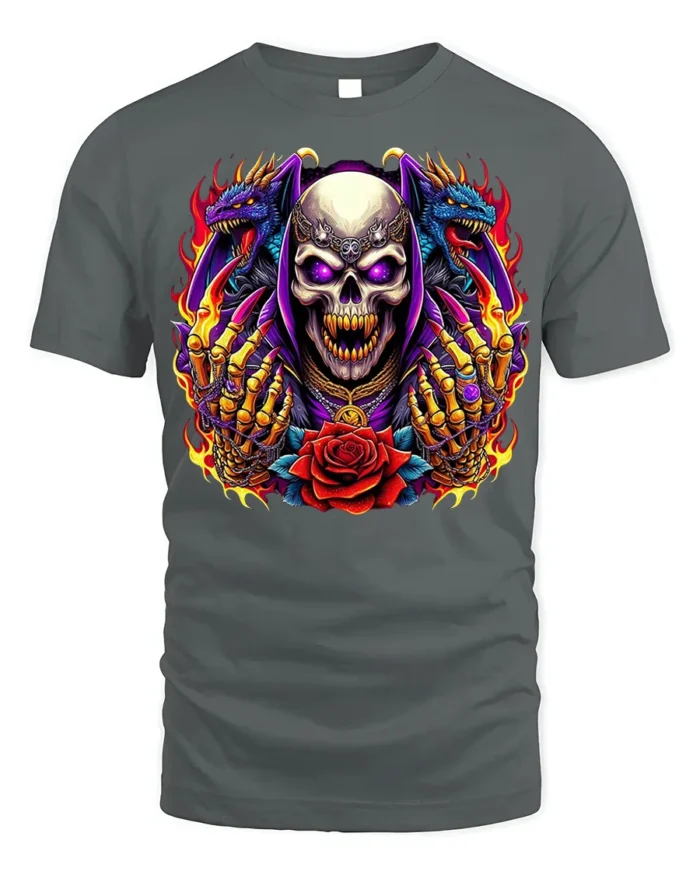 Skull With Dragons and Red Rose Fire Art T-Shirt - gray t-shirt on white background
