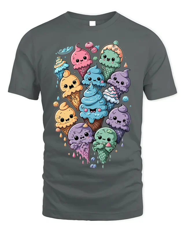 Cute Kawaii Colorful Ice Cream Cone Graphic T-Shirt - gray t-shirt on white background
