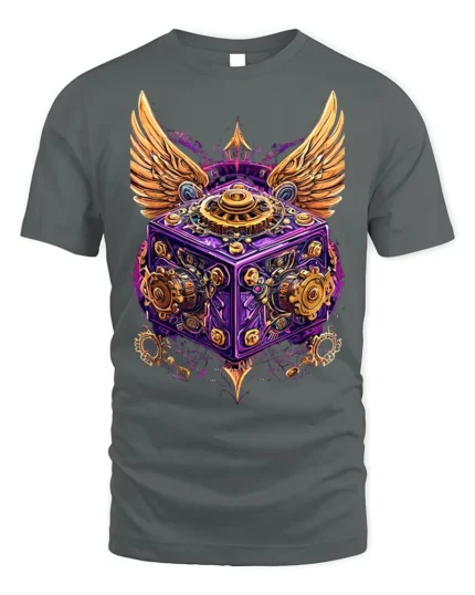Steampunk Winged Gear Cube Mechanical Art T-Shirt - gray t-shirt on white background