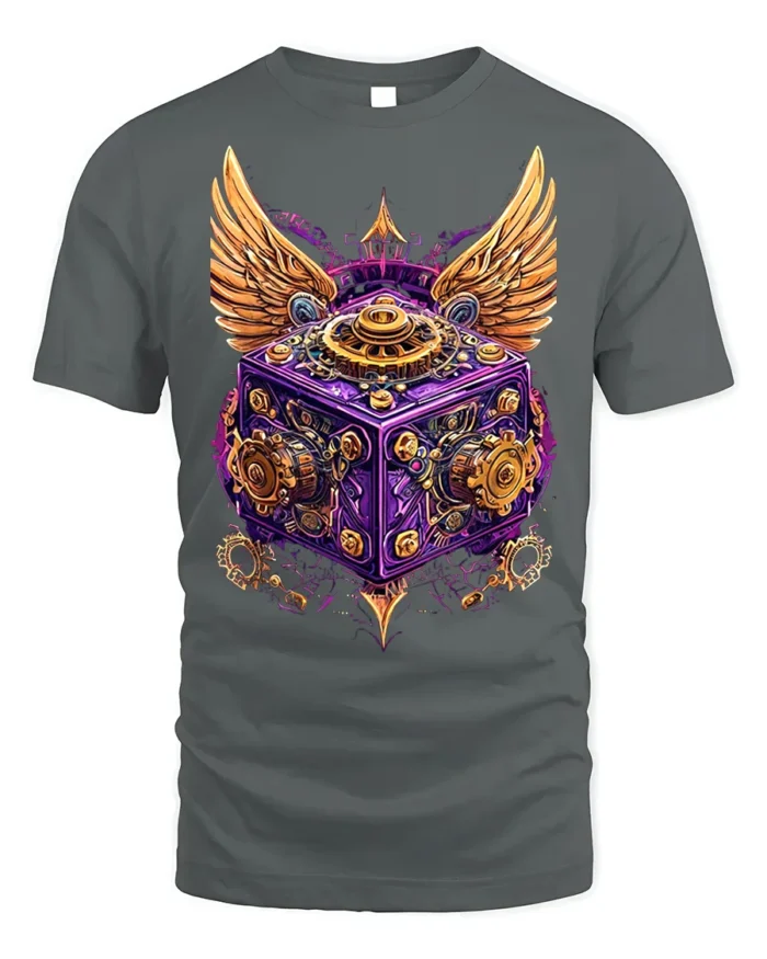 Steampunk Winged Gear Cube Mechanical Art T-Shirt - gray t-shirt on white background