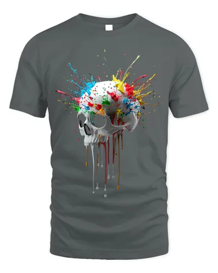 Color Splash Dripping Skull Artistic Graphic T-Shirt - gray t-shirt on white background