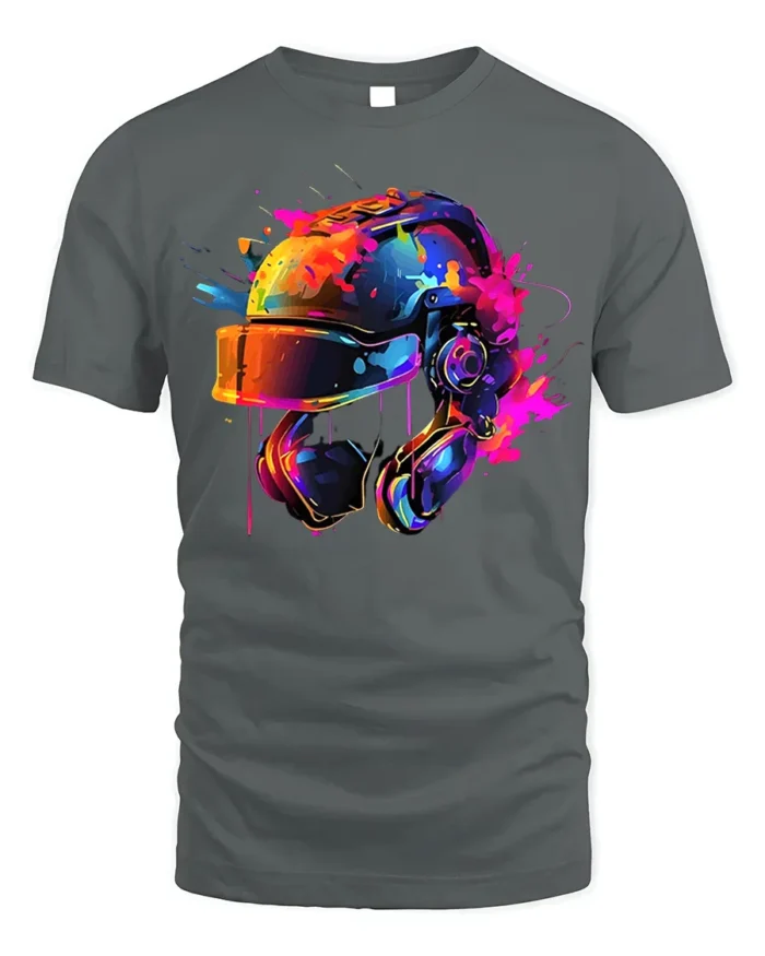 Color Splash Futuristic Combat Helmet Graphic T-Shirt - gray t-shirt on white background