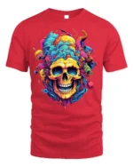 Psychedelic Skull Splash Art Graphic Black T-Shirt - red t-shirt on white background