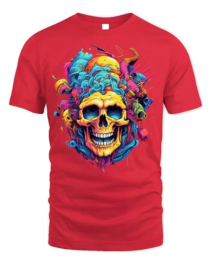 Psychedelic Skull Splash Art Graphic Black T-Shirt - red t-shirt on white background