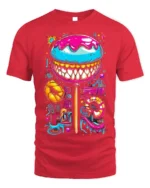 Psychedelic Candy Lollipop With Teeth Graphic T-Shirt - red t-shirt on white background