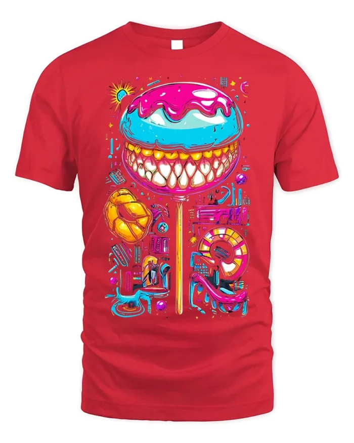 Psychedelic Candy Lollipop With Teeth Graphic T-Shirt - red t-shirt on white background
