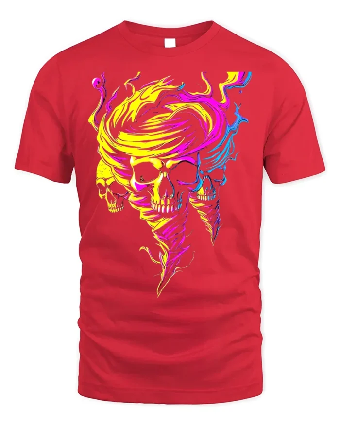 Neon Skull Tornado Swirl Psychedelic Graphic T-Shirt - red t-shirt on white background