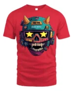 Cyberpunk Skull Helmet With Star Visor T-Shirt - red t-shirt on white background