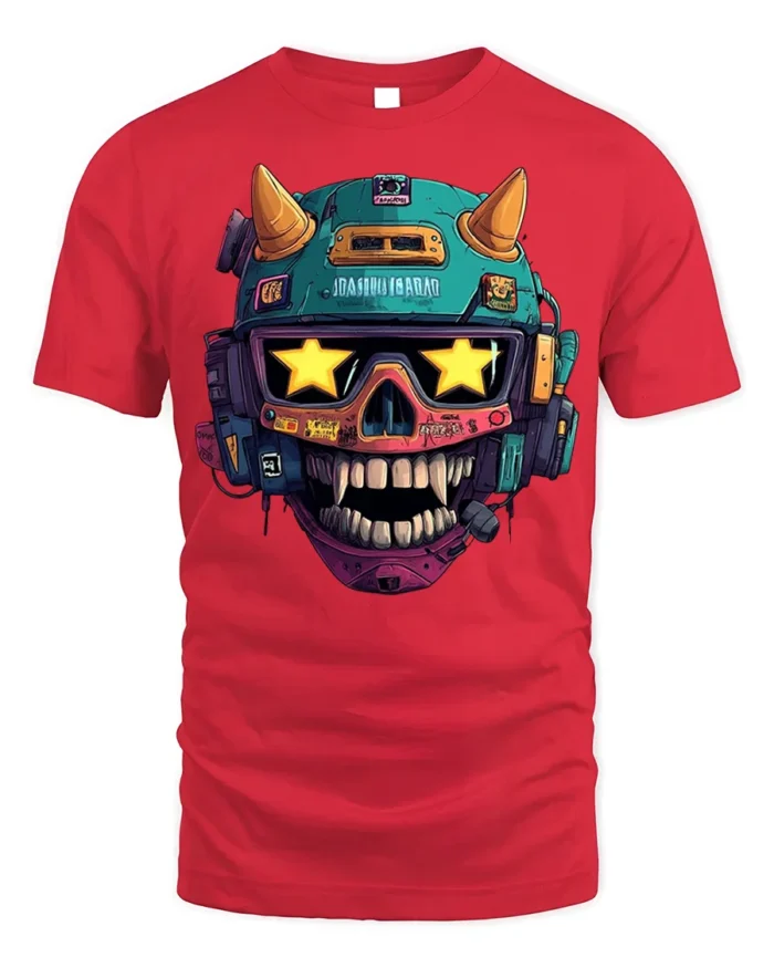 Cyberpunk Skull Helmet With Star Visor T-Shirt - red t-shirt on white background