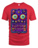 Neon Retro Robot Keyboard Face Graphic T-Shirt - red t-shirt on white background