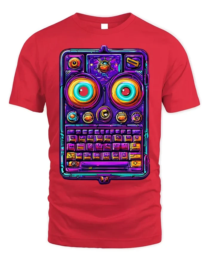 Neon Retro Robot Keyboard Face Graphic T-Shirt - red t-shirt on white background