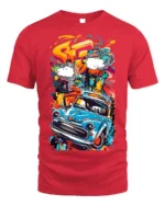 Retro Blue Car Graffiti Street Art Graphic T-Shirt - red t-shirt on white background