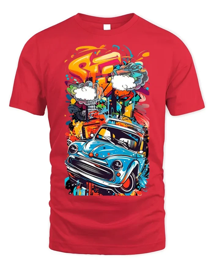 Retro Blue Car Graffiti Street Art Graphic T-Shirt - red t-shirt on white background