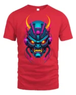 Neon Cyber Samurai Oni Mask Graphic T-Shirt - red t-shirt on white background
