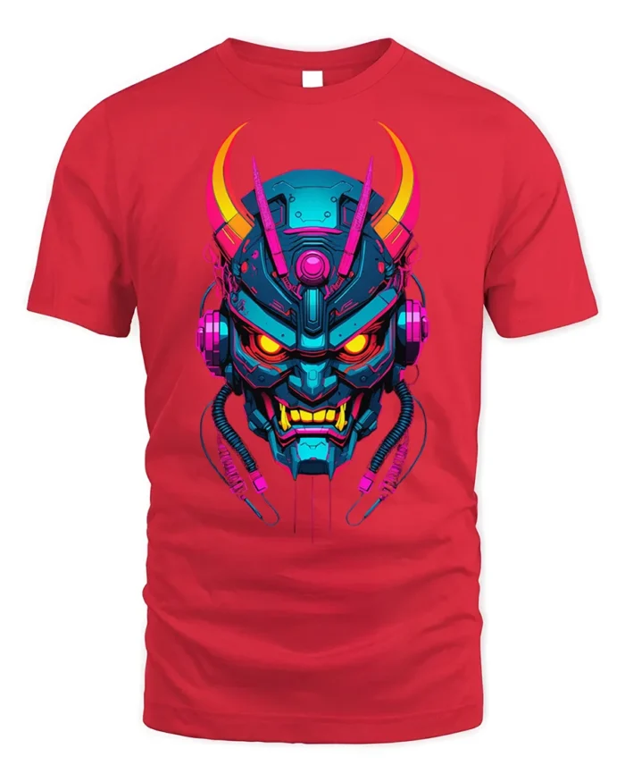 Neon Cyber Samurai Oni Mask Graphic T-Shirt - red t-shirt on white background