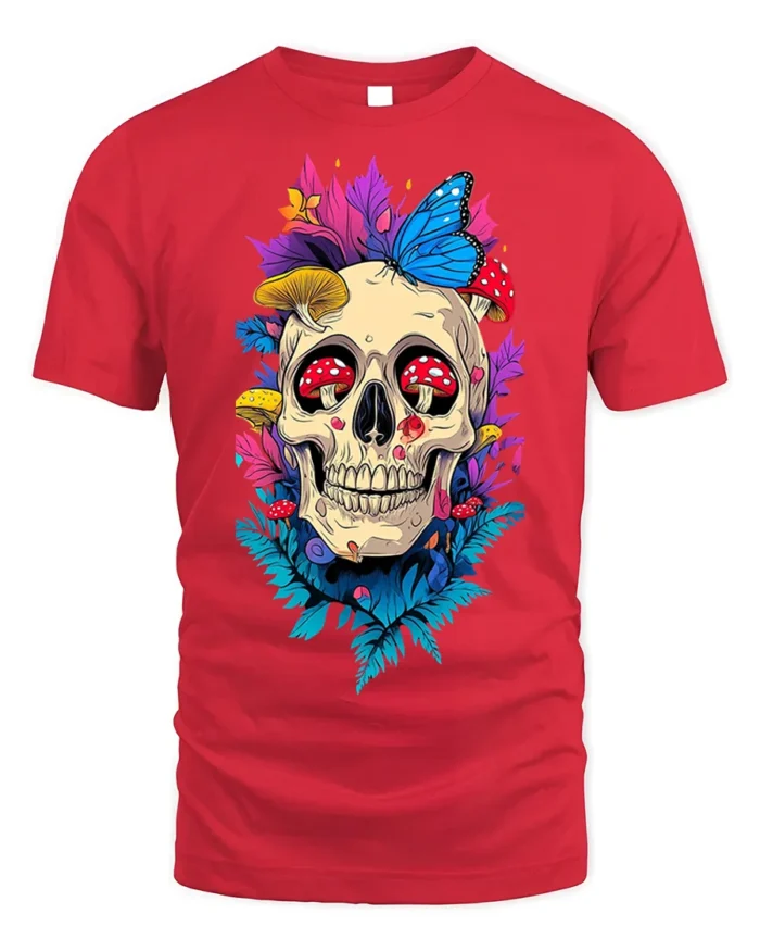 Floral Skull With Butterfly and Mushroom Art T-Shirt - red t-shirt on white background