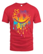 Melting Neon Smiley Face Dripping Art T-Shirt - red t-shirt on white background