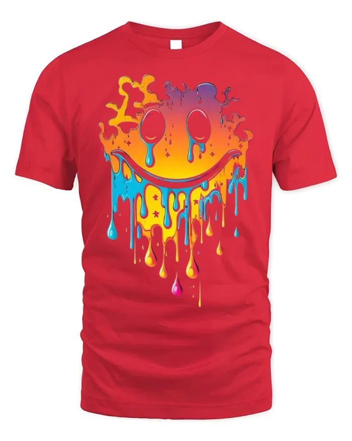 Melting Neon Smiley Face Dripping Art T-Shirt - red t-shirt on white background