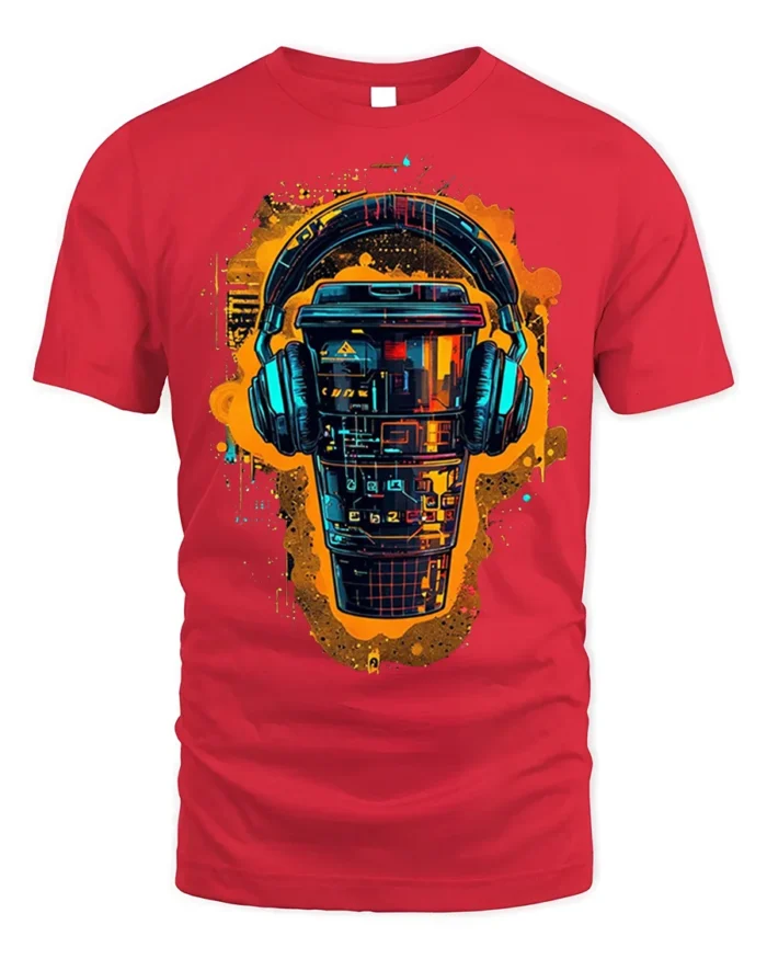 Futuristic Coffee Cup With Headphones Graphic T-Shirt - red t-shirt on white background