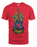 Psychedelic Guitar and Mushroom Art Graphic T-Shirt - red t-shirt on white background