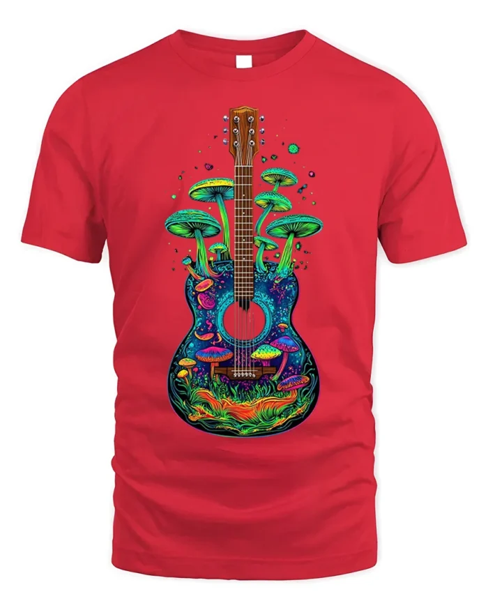 Psychedelic Guitar and Mushroom Art Graphic T-Shirt - red t-shirt on white background