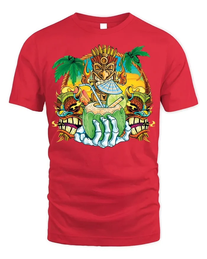 Tiki Skull Tropical Coconut Drink Graphic T-Shirt - red t-shirt on white background