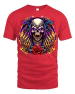 Skull With Dragons and Red Rose Fire Art T-Shirt - red t-shirt on white background