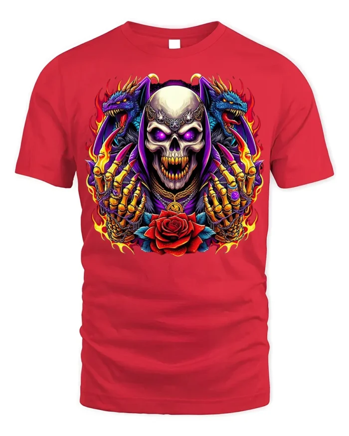 Skull With Dragons and Red Rose Fire Art T-Shirt - red t-shirt on white background