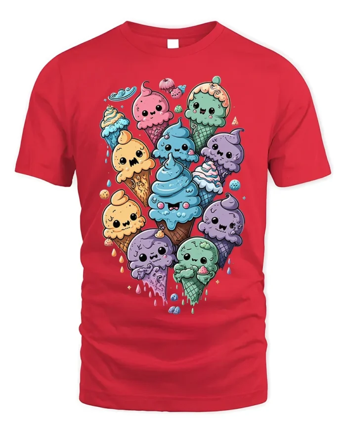 Cute Kawaii Colorful Ice Cream Cone Graphic T-Shirt - red t-shirt on white background