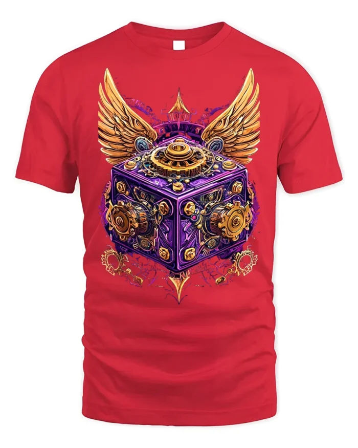 Steampunk Winged Gear Cube Mechanical Art T-Shirt - red t-shirt on white background