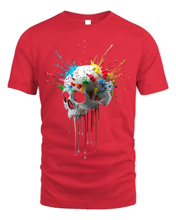 Color Splash Dripping Skull Artistic Graphic T-Shirt - red t-shirt on white background