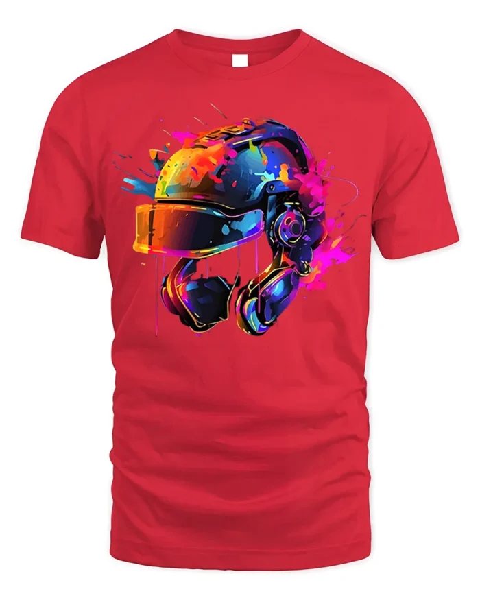 Color Splash Futuristic Combat Helmet Graphic T-Shirt - red t-shirt on white background
