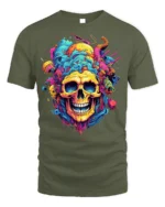 Psychedelic Skull Splash Art Graphic Black T-Shirt - military green t-shirt on white background