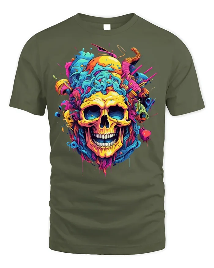 Psychedelic Skull Splash Art Graphic Black T-Shirt - military green t-shirt on white background