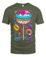 Psychedelic Candy Lollipop With Teeth Graphic T-Shirt - military green t-shirt on white background