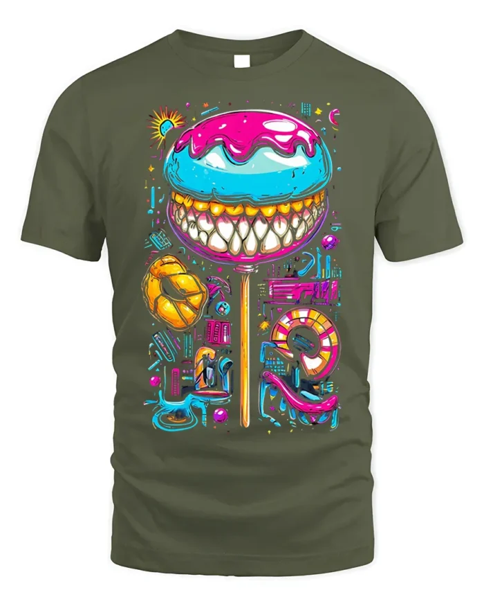 Psychedelic Candy Lollipop With Teeth Graphic T-Shirt - military green t-shirt on white background