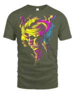 Neon Skull Tornado Swirl Psychedelic Graphic T-Shirt - military green t-shirt on white background