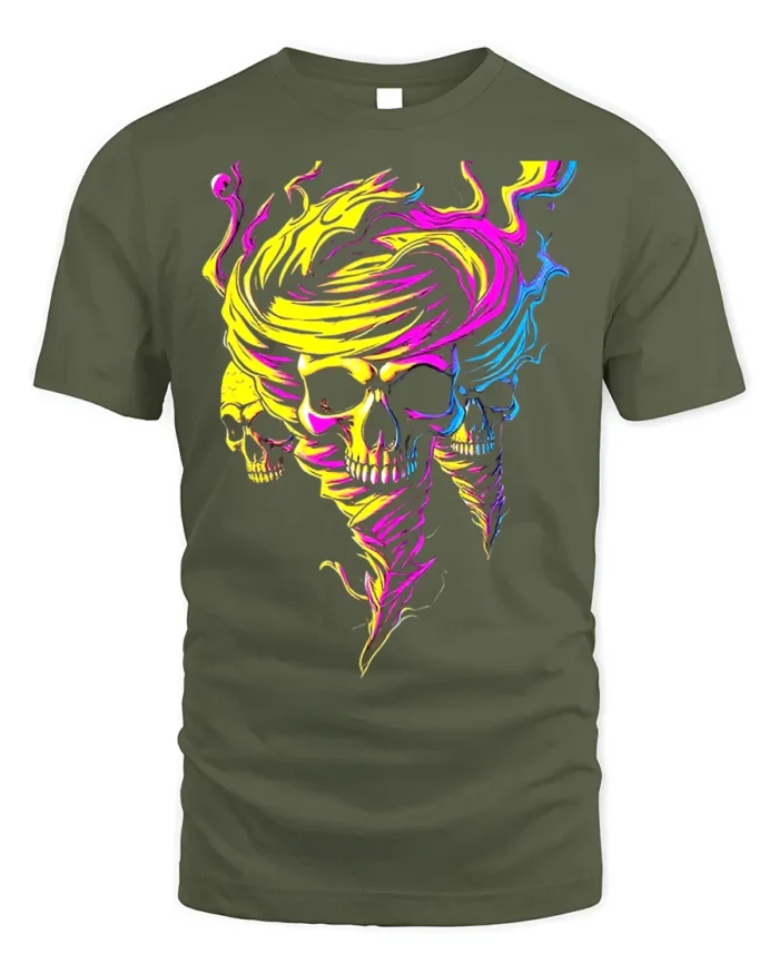 Neon Skull Tornado Swirl Psychedelic Graphic T-Shirt - military green t-shirt on white background
