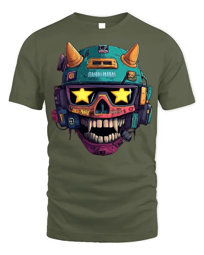 Cyberpunk Skull Helmet With Star Visor T-Shirt - military green t-shirt on white background