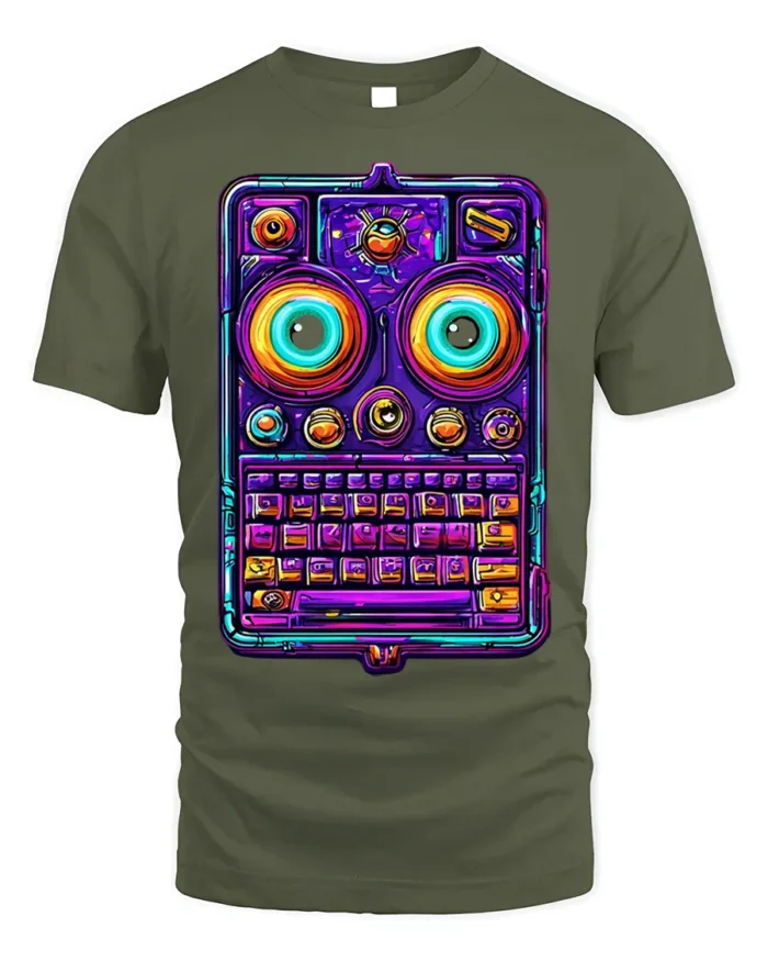 Neon Retro Robot Keyboard Face Graphic T-Shirt - military green t-shirt on white background