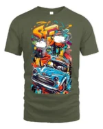 Retro Blue Car Graffiti Street Art Graphic T-Shirt - military green t-shirt on white background