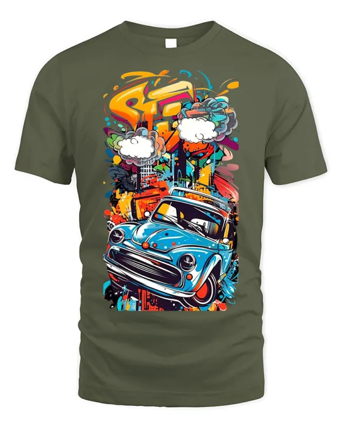 Retro Blue Car Graffiti Street Art Graphic T-Shirt - military green t-shirt on white background