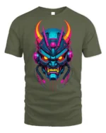 Neon Cyber Samurai Oni Mask Graphic T-Shirt - military green t-shirt on white background