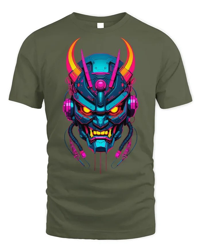 Neon Cyber Samurai Oni Mask Graphic T-Shirt - military green t-shirt on white background